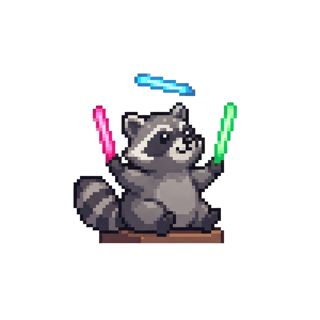 A Chubby Raccoon Juggling Neon Glow Sticks