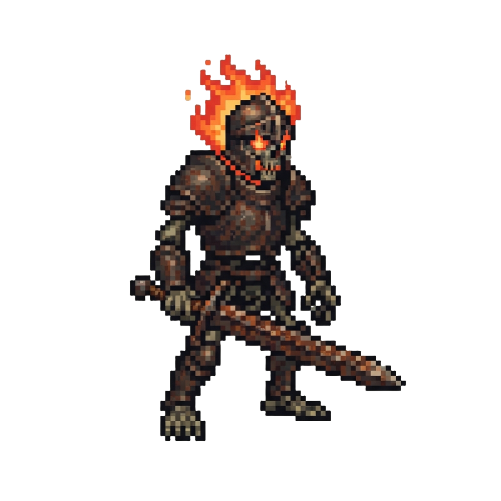 A Fiery Skeletal Knight with a Rusted Sword