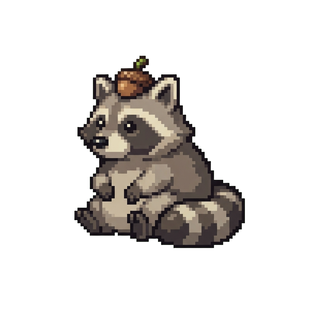 A Chubby Raccoon Wearing a Tiny Acorn Hat