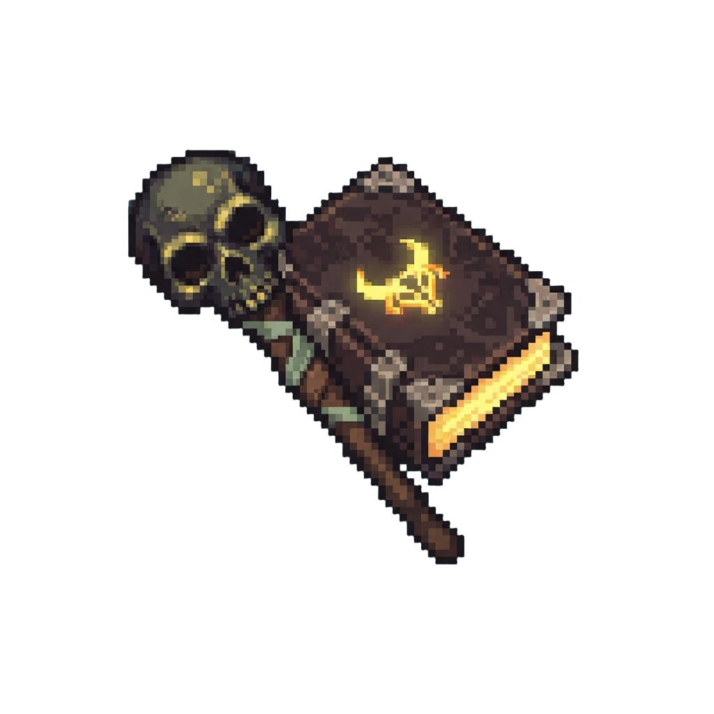 A Dark Skull Scepter and Glowing Necronomicon