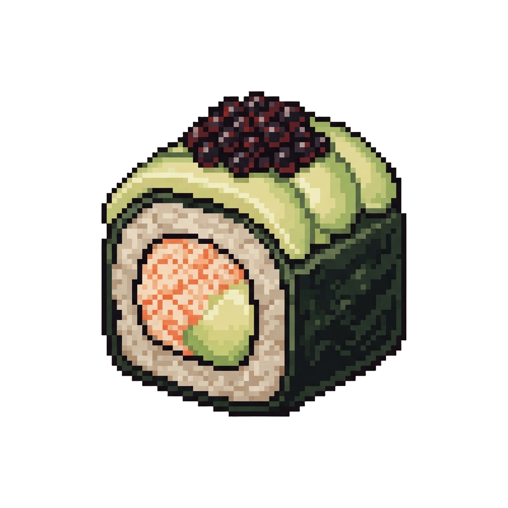 Artisan Dragon Sushi Roll Topped with Delicate Avocado Slices and Caviar