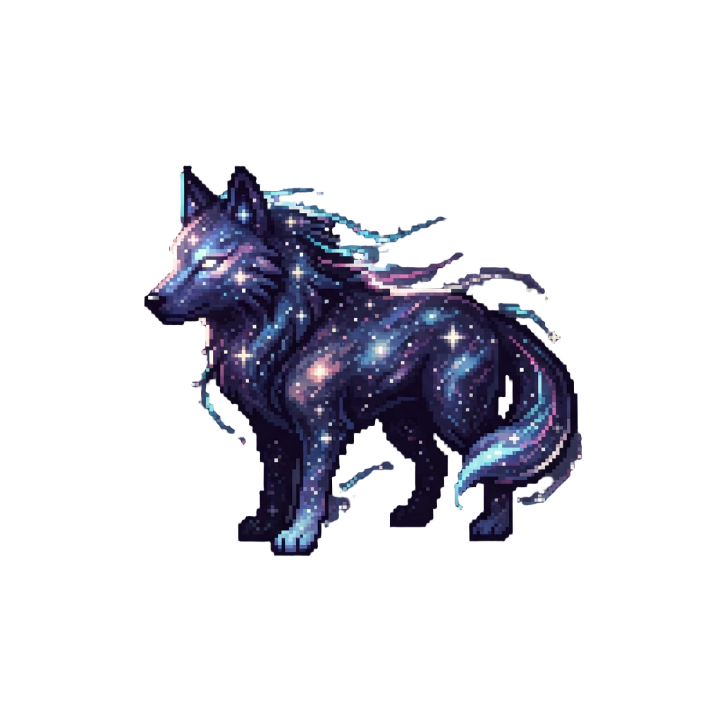A Cosmic Starry-nebula Mythical Wolf with Celestial Particle Trails