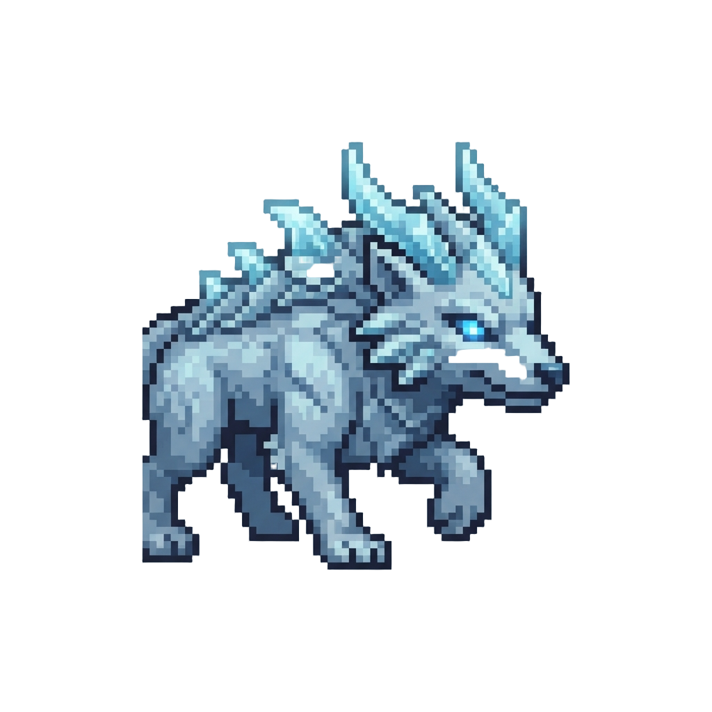 A Frost-dragon Mythical Wolf with Icy Horns and Glowing Blue Eyes