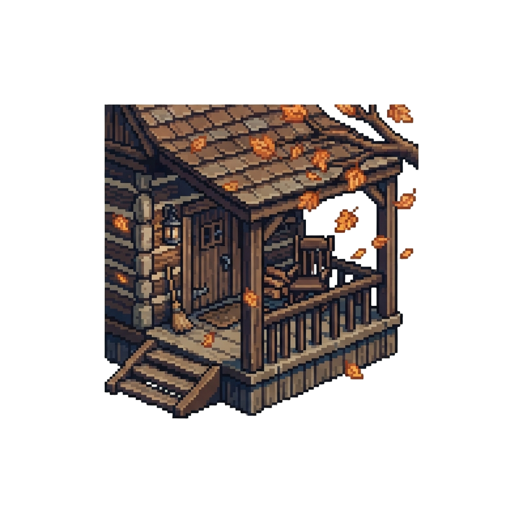 A Rustic Cabin Porch with Falling Orange Leaves