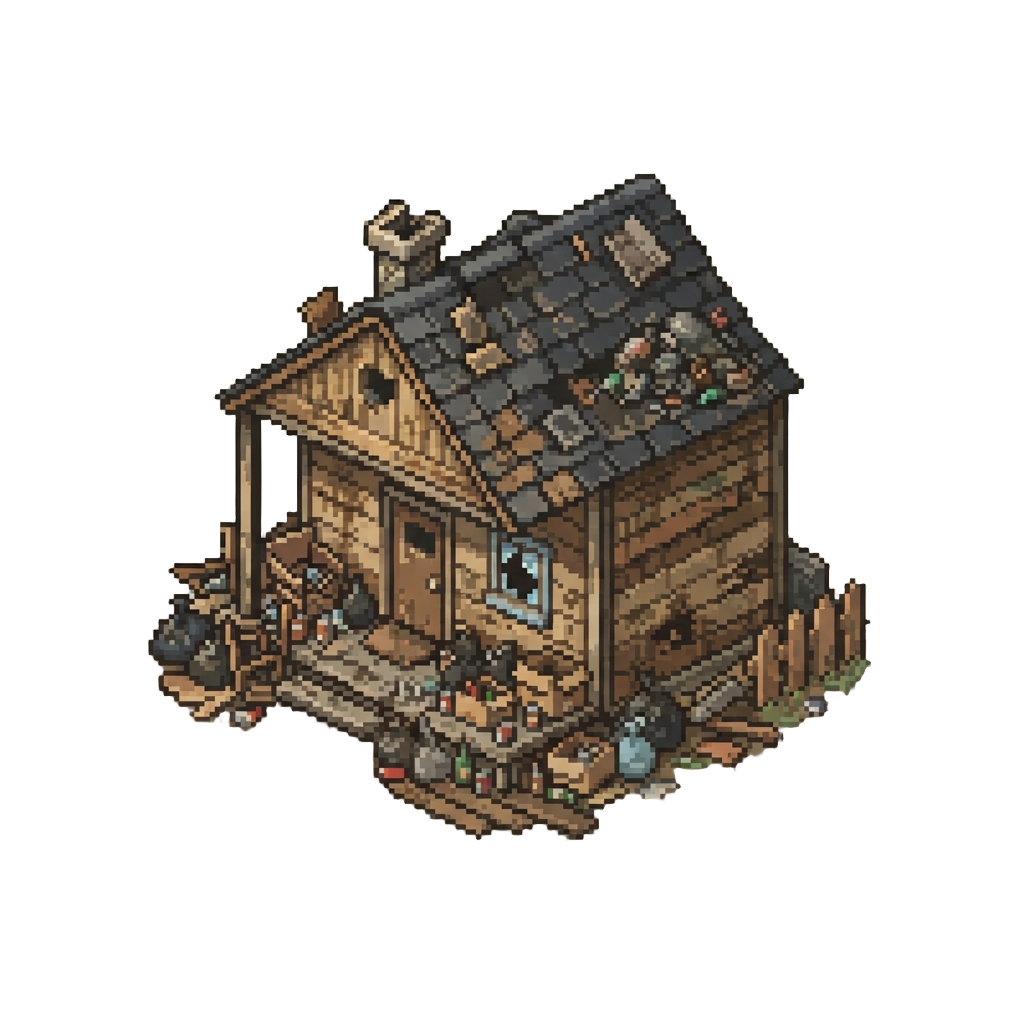 A Trash-strewn Messy Bungalow with Stained Walls