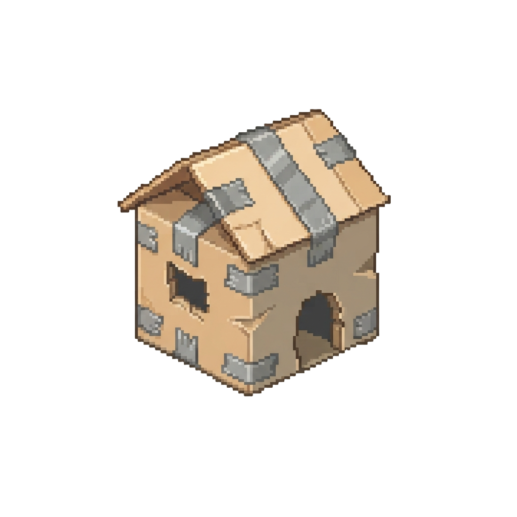 A Tilted Cardboard Box House with Duct Tape