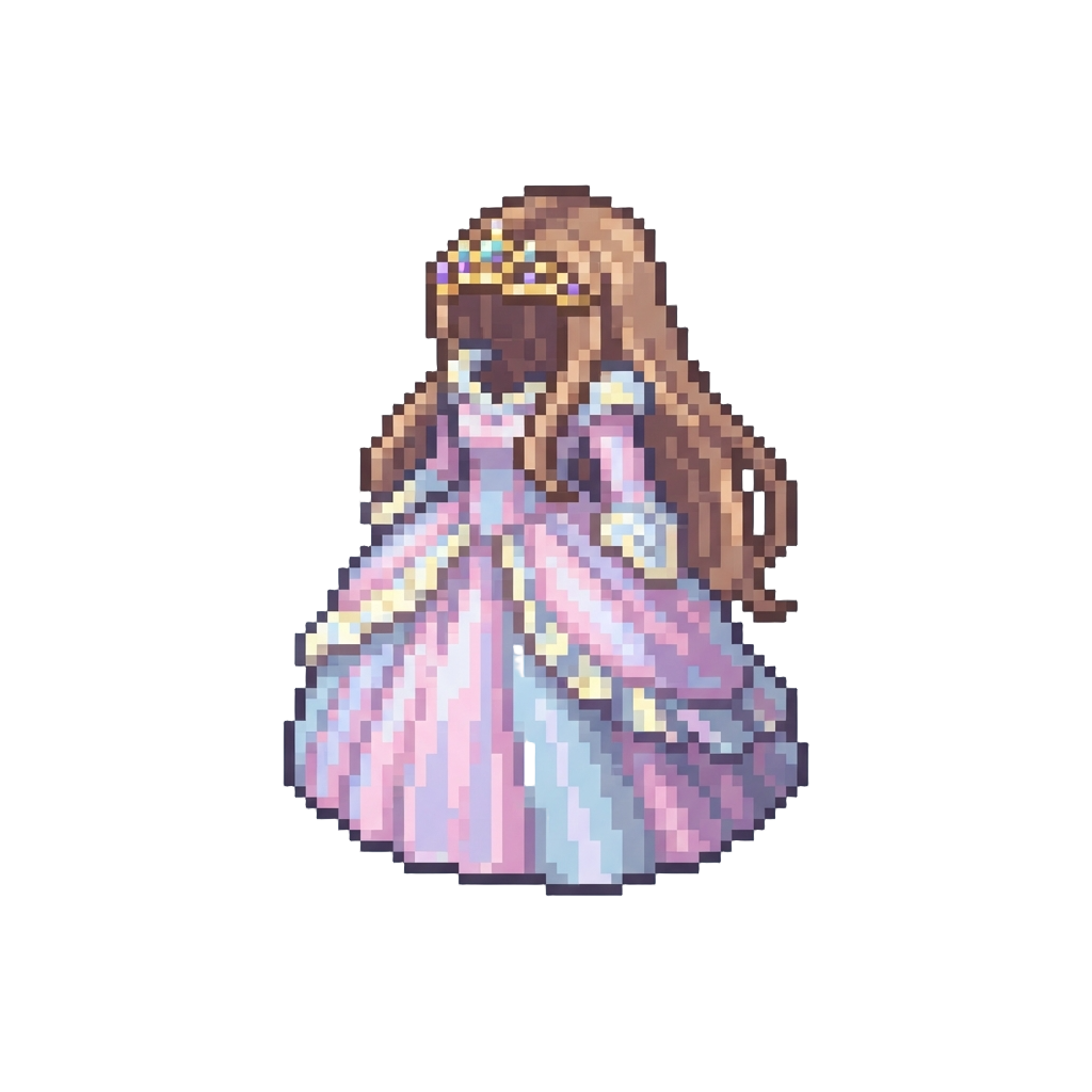 A Shimmering Pastel Princess Gown with a Jeweled Tiara and Sleek Long Hair