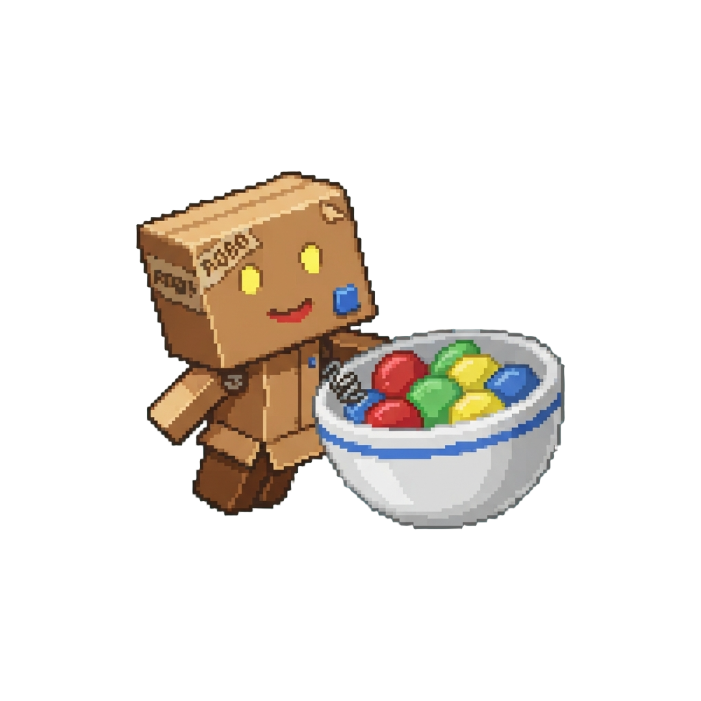 A Crooked Cardboard Robot Box Bumping Sideways Into the Candy Bowl