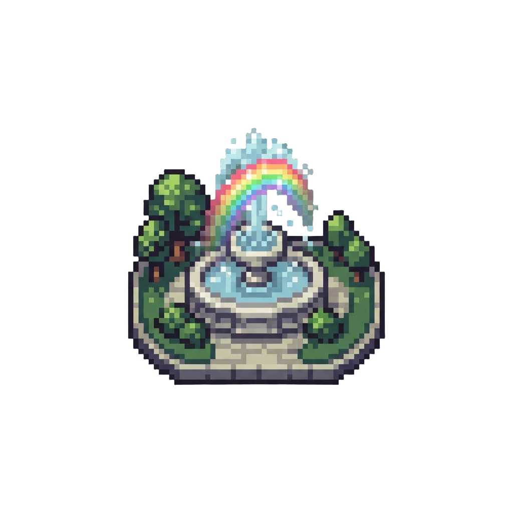 A Sparkling Sunlit Park with a Shimmering Rainbow Fountain