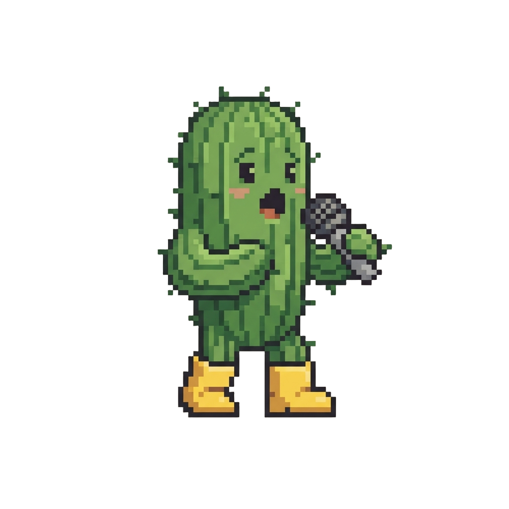 A Walking Cactus Wearing Rain Boots and Singing Into a Microphone