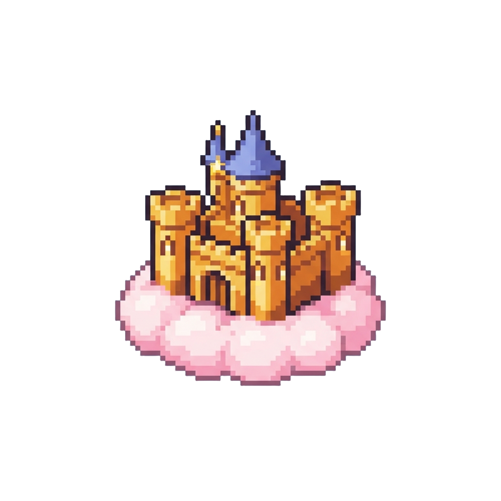 A Golden Magical Castle Floating on Soft Pink Cotton Candy Clouds