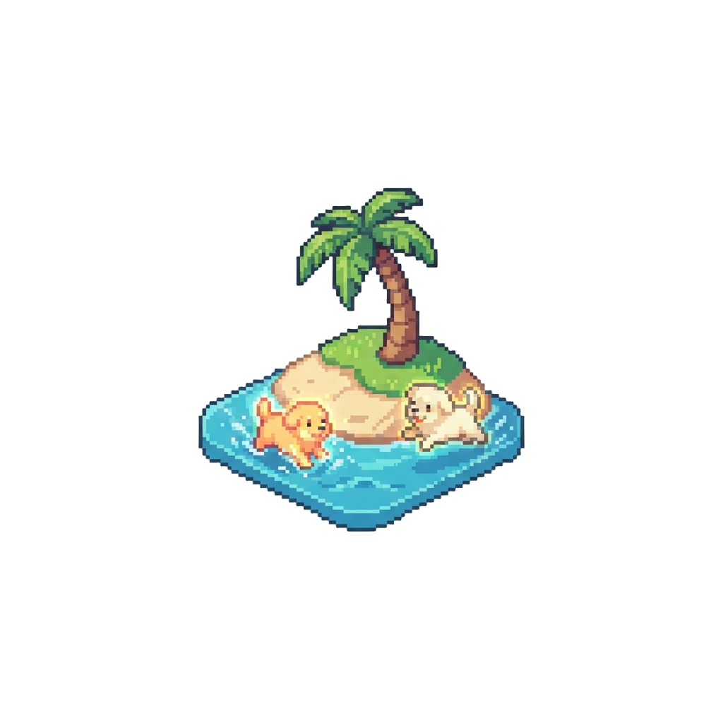 A Sunny Tropical Island Where Cute Glowing Puppies Play in the Waves
