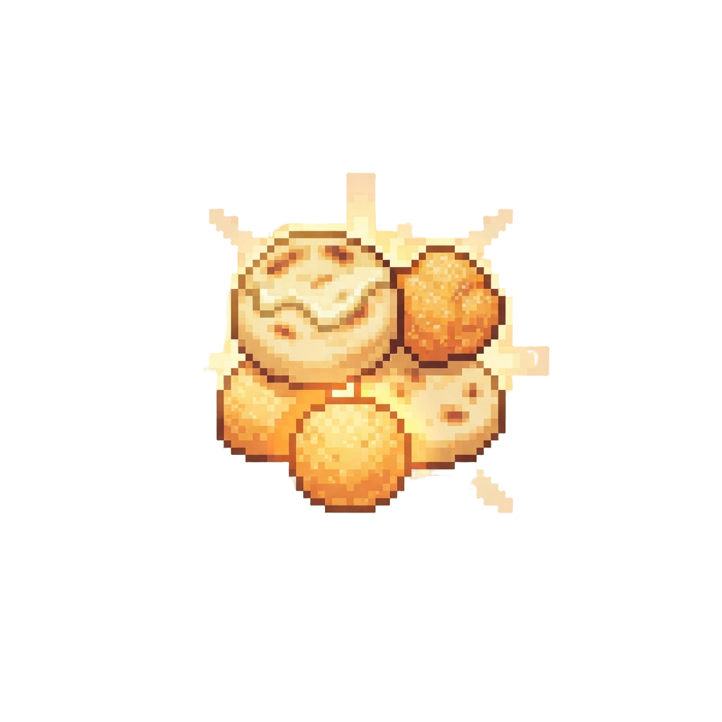 Culinary Healing Power with Golden-glowing Buñuelos and Arepas Floating in a Warm Aura