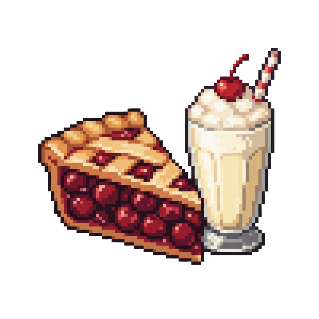 A Giant Glazed Cherry Pie Slice Next to a Foaming Vanilla Malt Milkshake