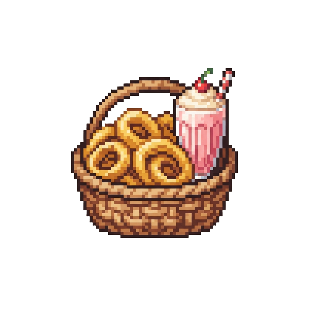 A Vintage Basket of Crispy Onion Rings with a Classic Strawberry Diner Shake