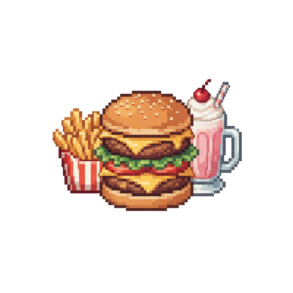 A Towering Multi-layer Cheeseburger with Crispy Golden Fries and a Cherry Milkshake