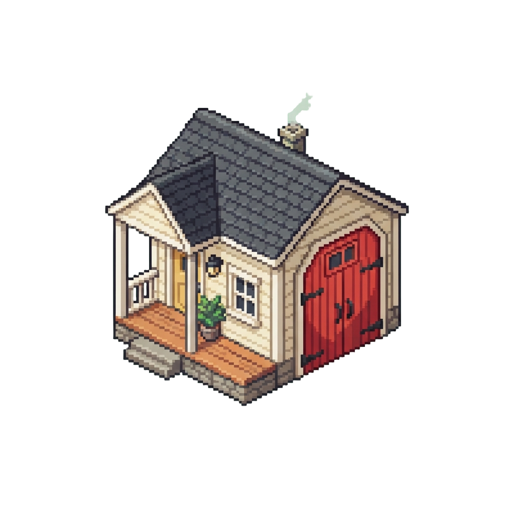 A Peaceful Farmhouse Porch with a Classic Red Garage Door