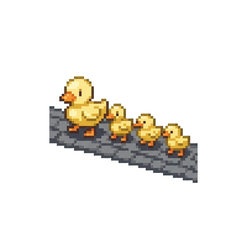 A Tiny Duckling Parade Waddling Slowly Across the Road