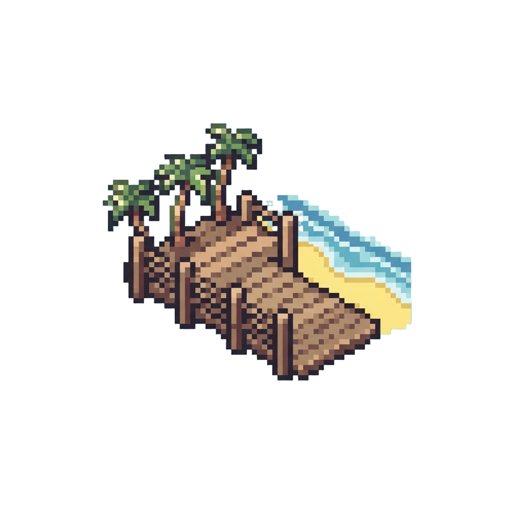 A Cute Beachfront Boardwalk with Tiny Palm Trees and Ocean Breeze