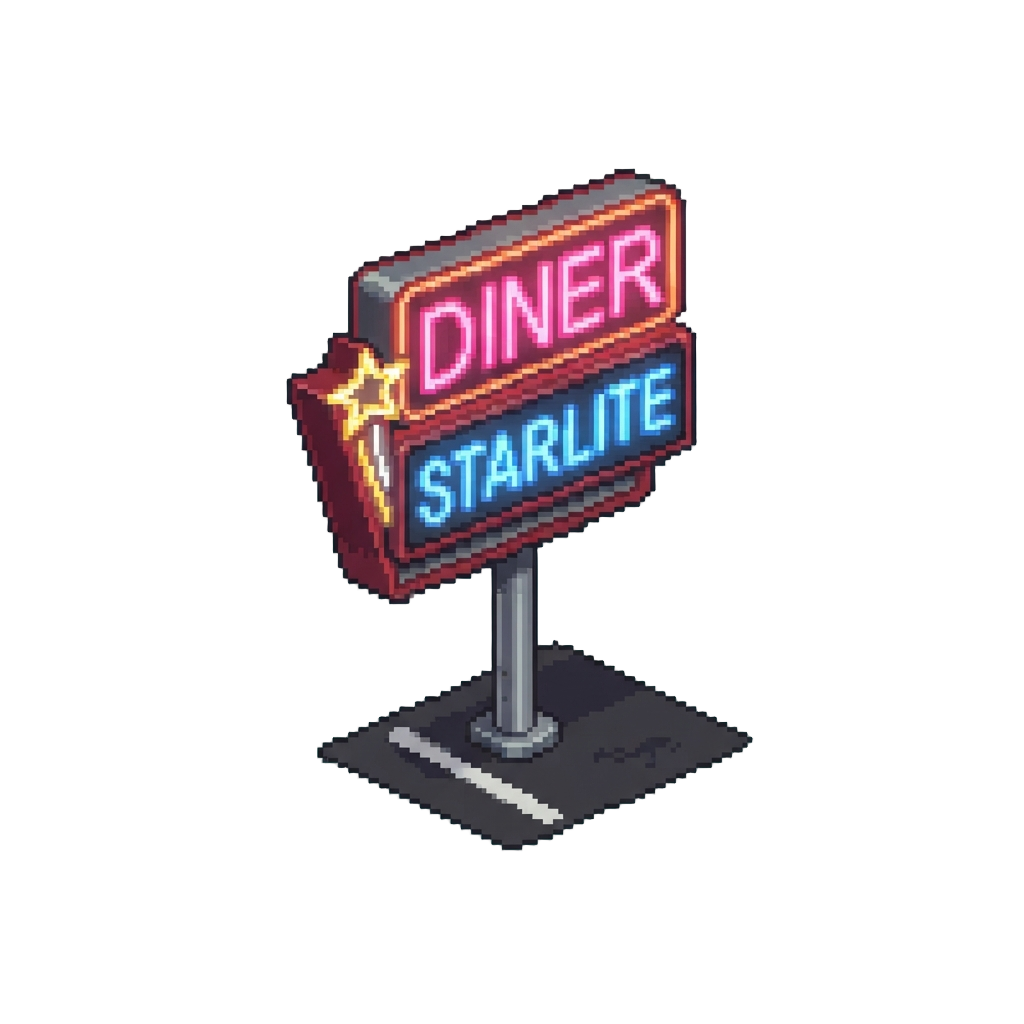 A Cozy Roadside Diner Parking Lot with a Sparkling Neon Sign