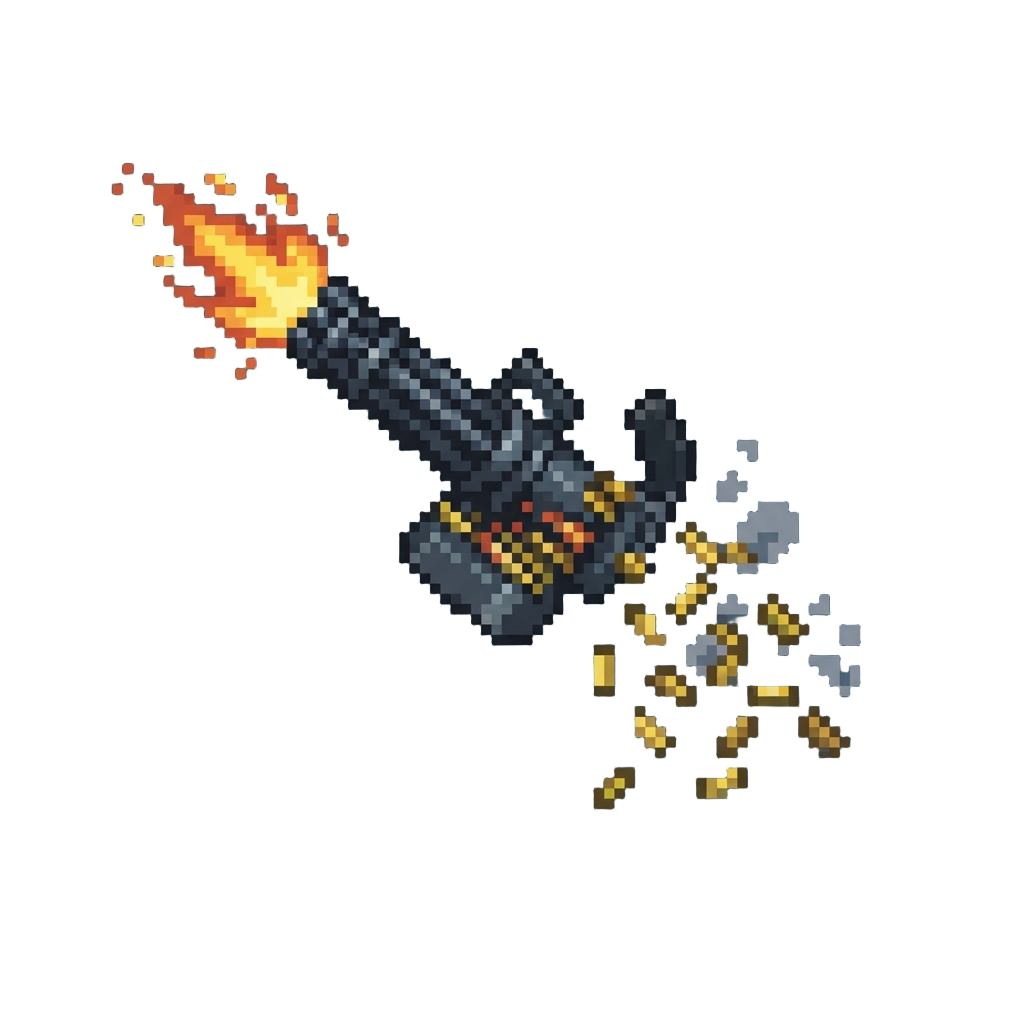 A Minigun Volley with a Shower of Brass Shell Casings and Fiery Explosions