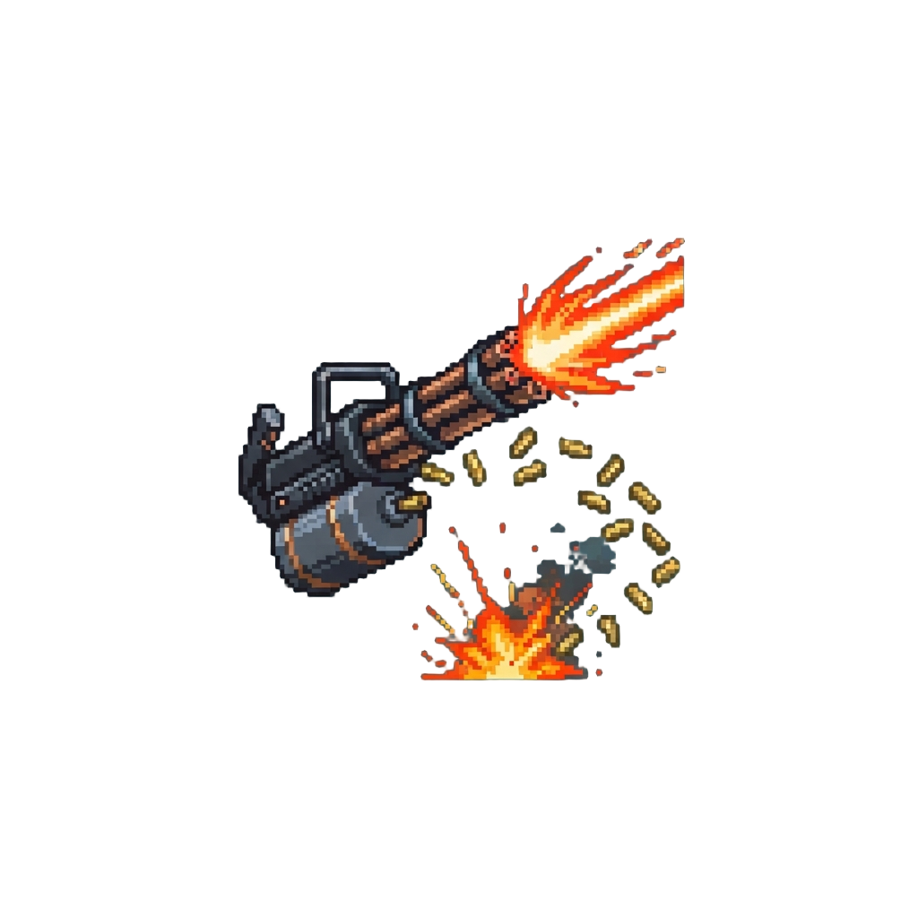 A Laser Gatling Barrage with Flying Brass Casings and Fiery Explosions