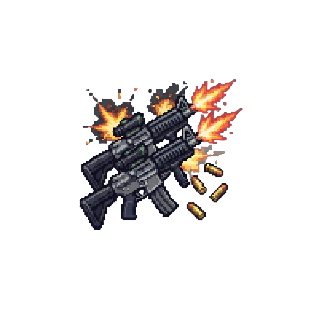 A Twin Tactical Rifle Burst with Ejecting Shell Casings and Background Explosions