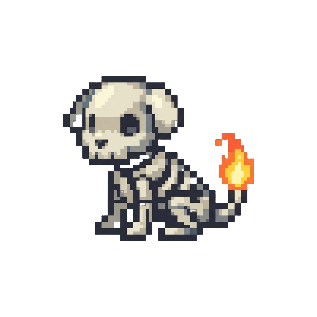 A Cute Little Skeletal Puppy with a Glowing Flaming Tail