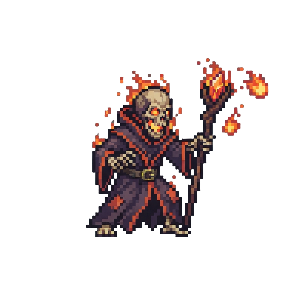 A Burning Skeletal Mage Casting Tiny Fireballs