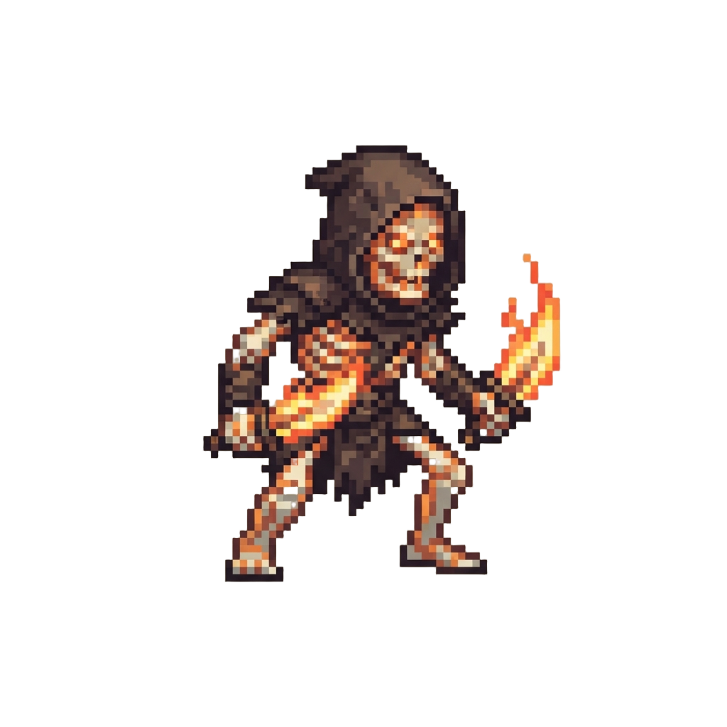 A Glowing Skeletal Rogue with Flaming Daggers
