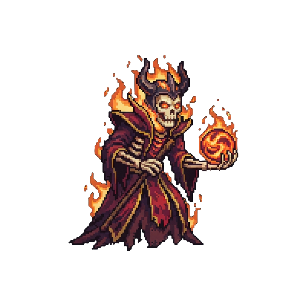 A Burning Skeletal Archmage Holding an Orb of Pure Lava
