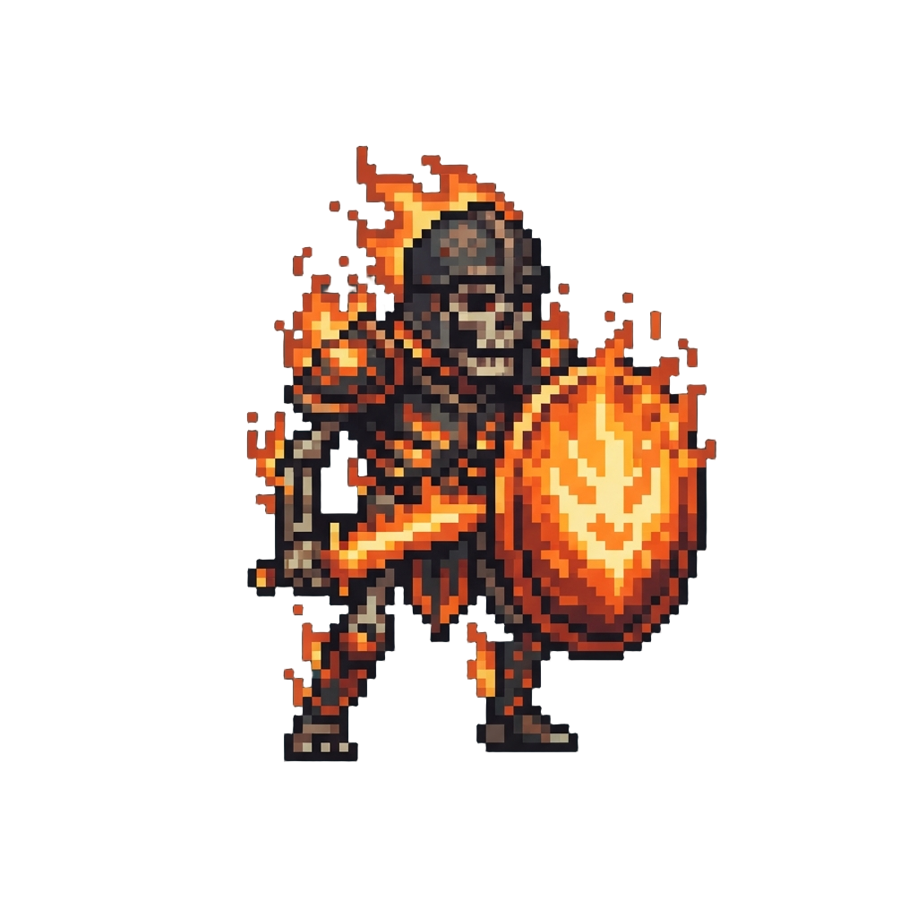 A Flaming Skeletal Guard Holding a Blazing Shield