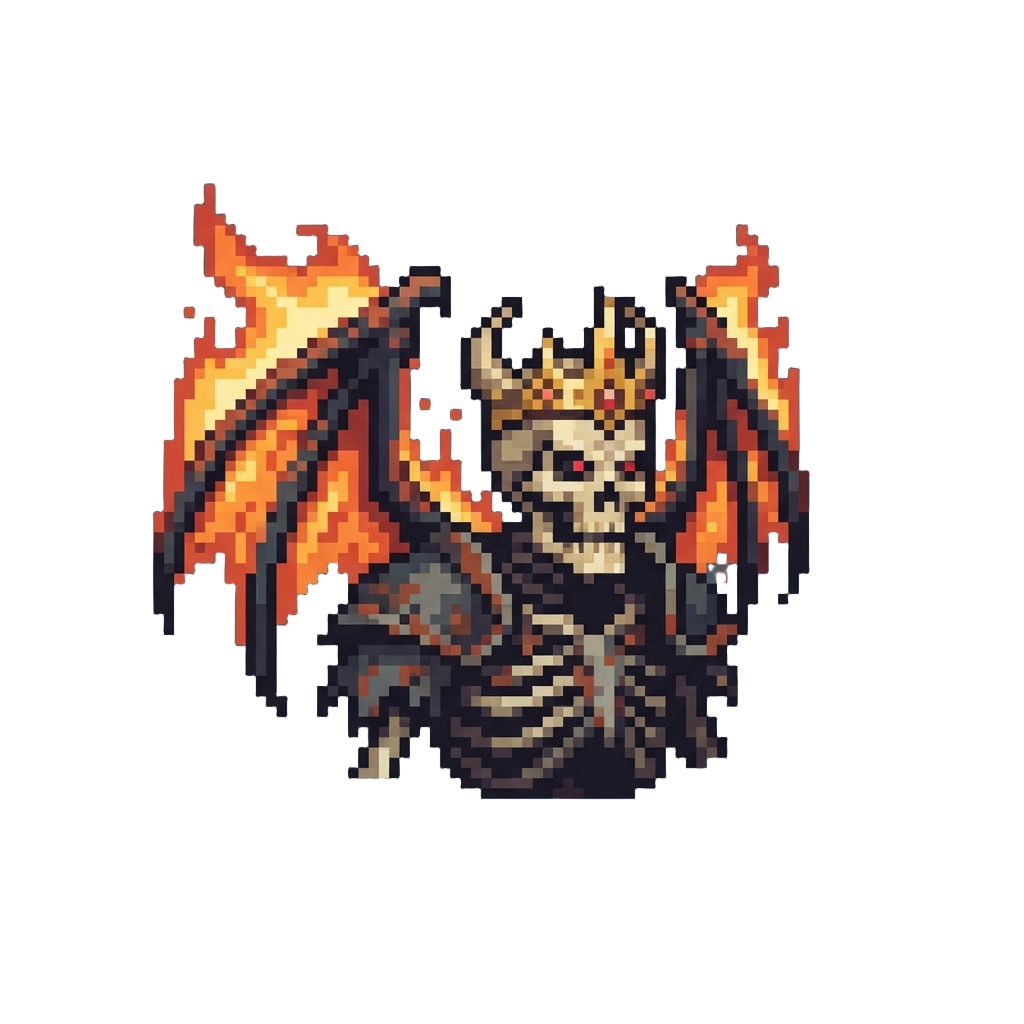 A Giant Crown-wearing Skeletal Dreadlord with Flaming Dragon Wings