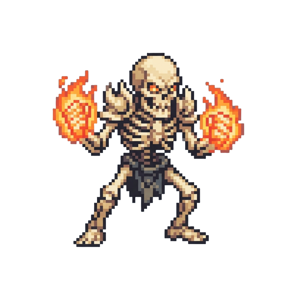 A Glowing Skeletal Brawler with Fiery Fists