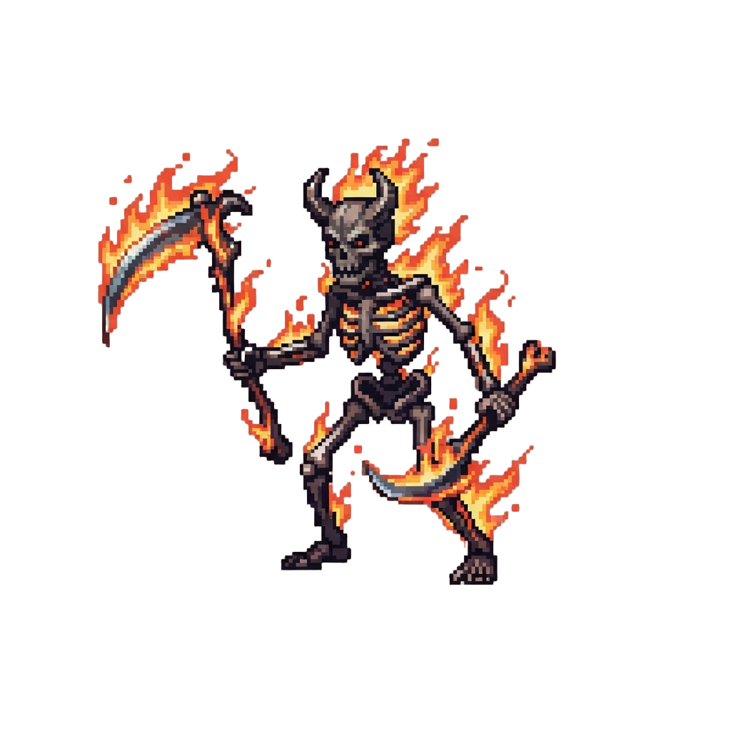 A Burning Demonic Skeleton Dual-wielding Flaming Scythes