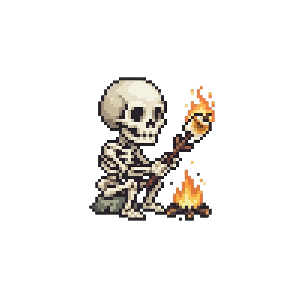 A Miniature Skeleton Holding a Burning Marshallow on a Stick
