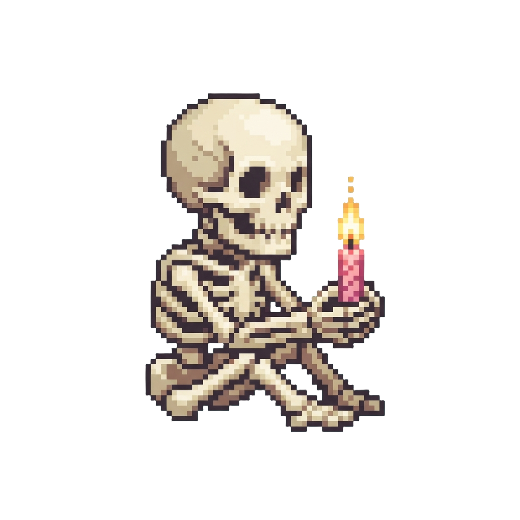 A Tiny Pocket-sized Skeleton Holding a Single Glowing Birthday Candle