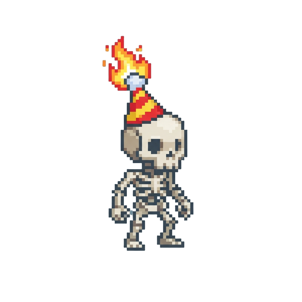 A Miniature Skeleton Wearing a Flaming Party Hat
