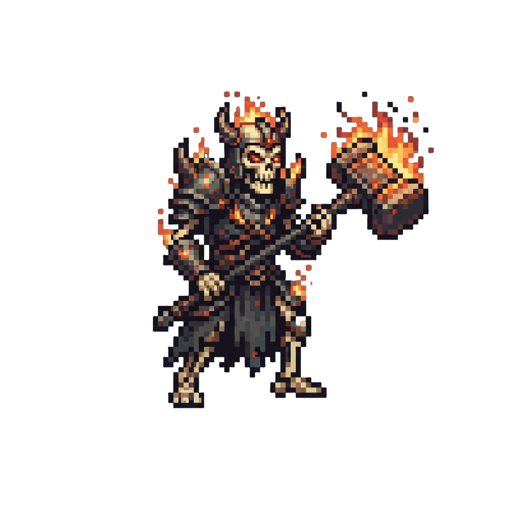 A Flaming Skeletal Warlord Carrying a Giant Burning Warhammer