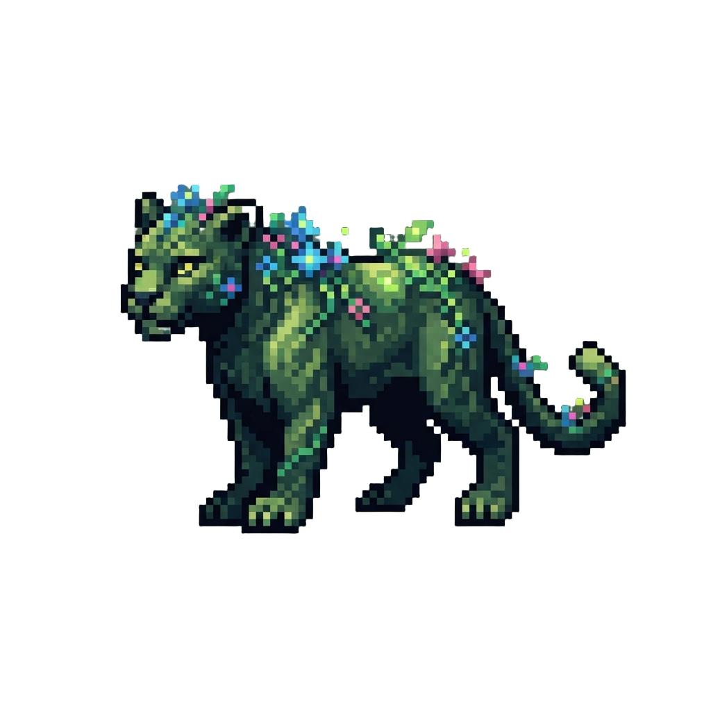 A Majestic Forest Moss Panther Adorned with Blooming Glowing Flora