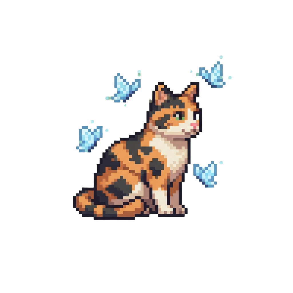 A Dappled Calico Cat Surrounded by Floating Spectral Butterflies