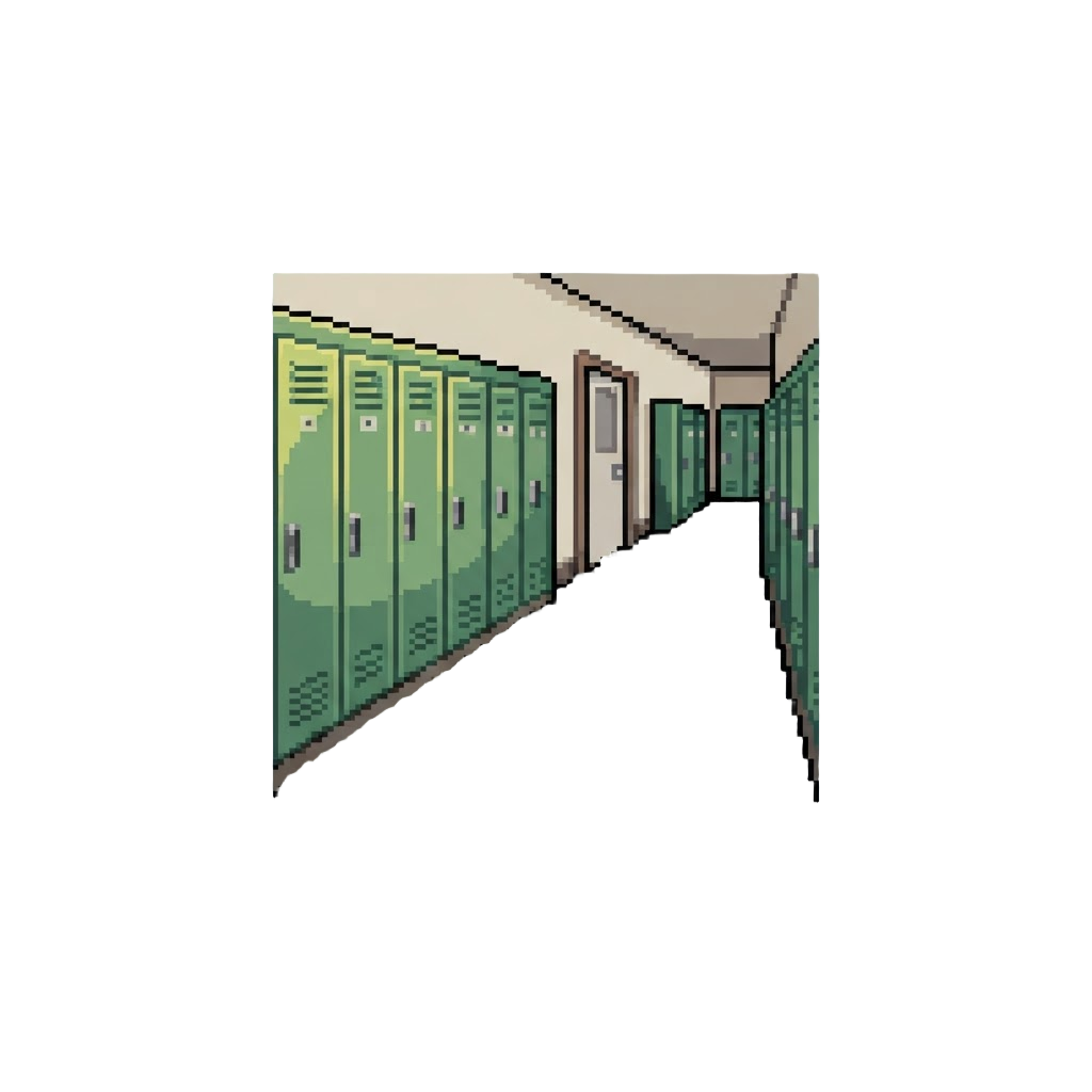 A Tile-floored School Corridor Lined with Green Lockers