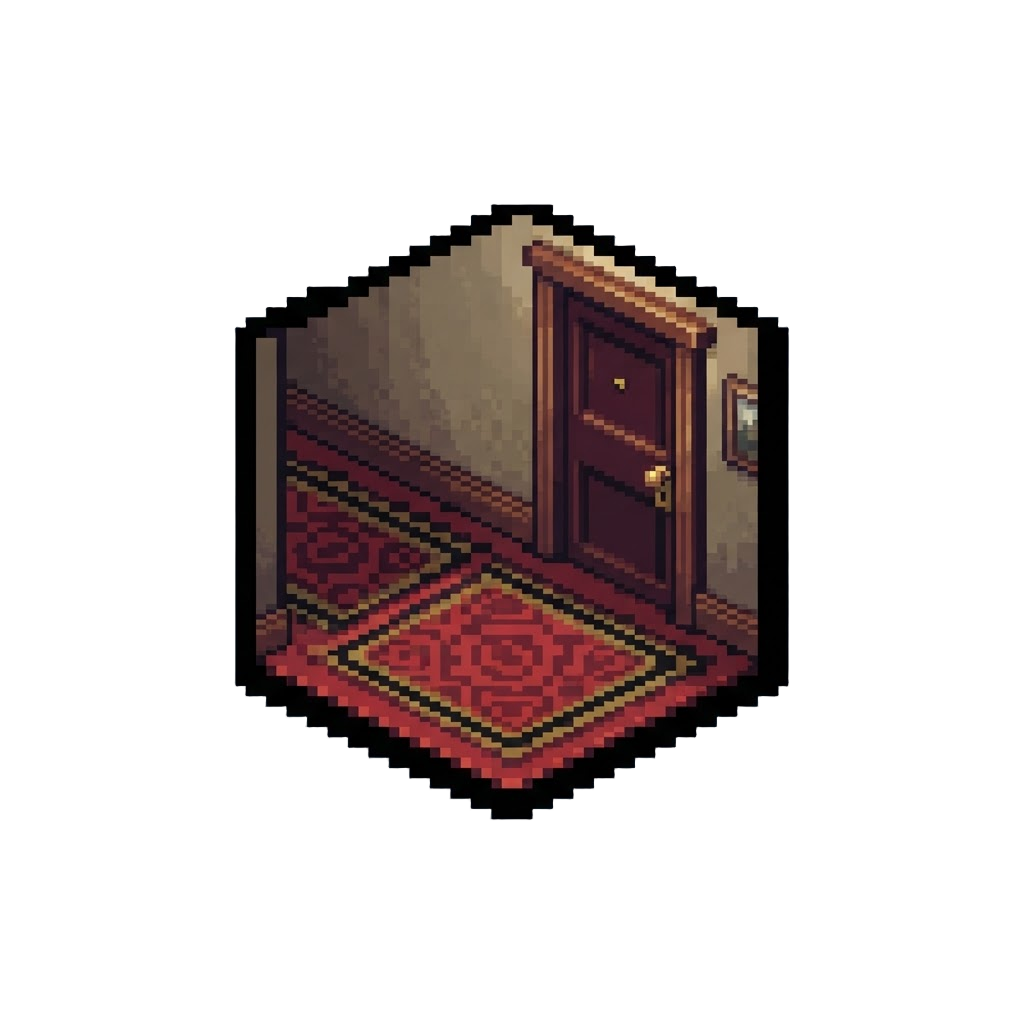 A Moody Hotel Hallway with Patterned Red Carpet