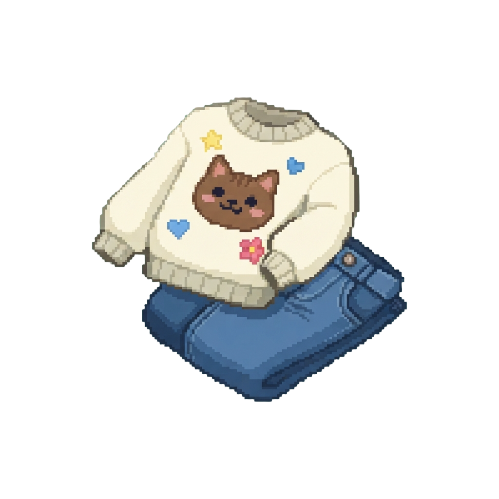 Doodle Art Style with Cute Cartoon Printed Sweater and Jeans