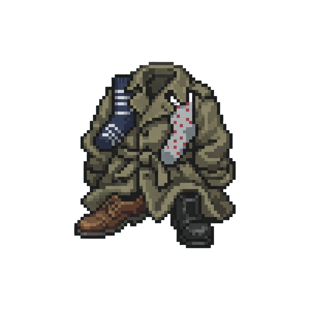 Mismatched Socks with Two Left Shoes and Oversized Trenchcoat