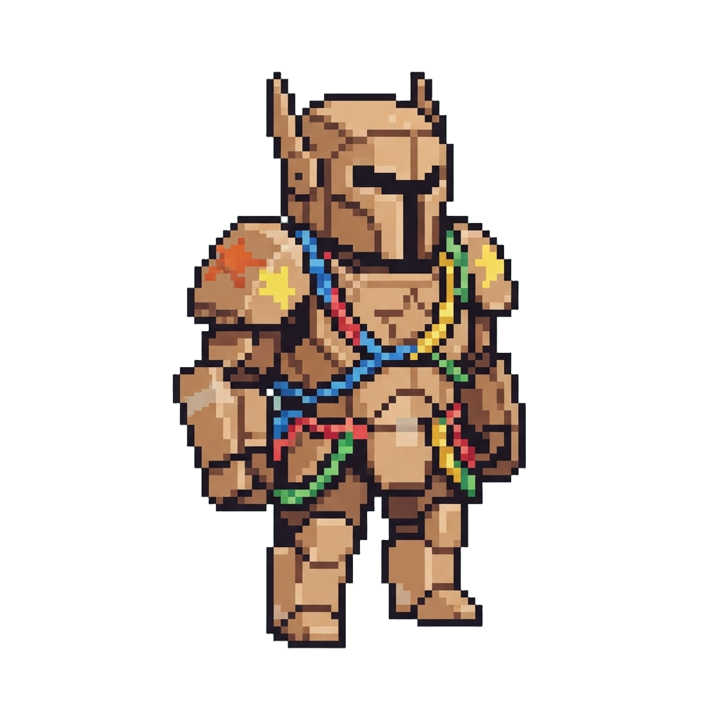 A Cardboard Andromeda Armor Suit with Plastic Party Streamers for Chains