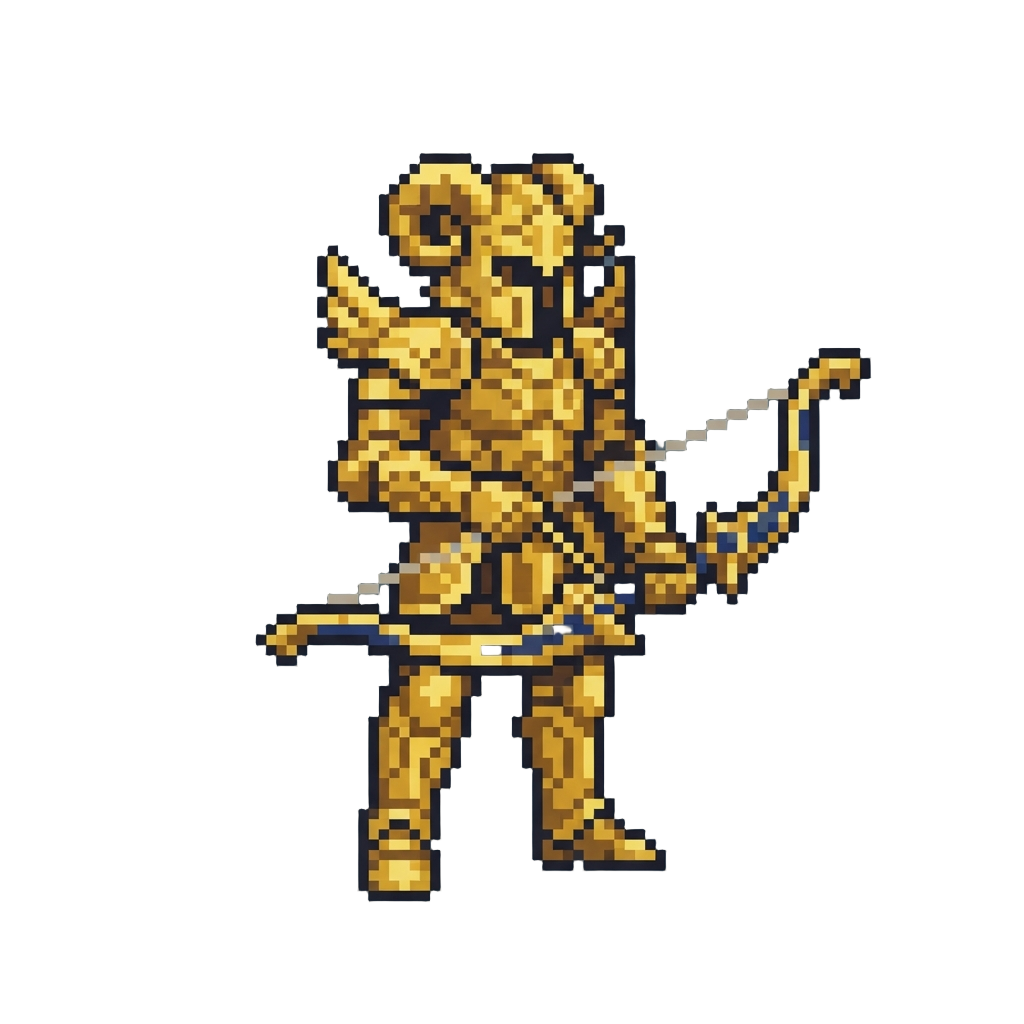 A Brilliant Golden Sagittarius Armor Suit Holding a Divine Bow