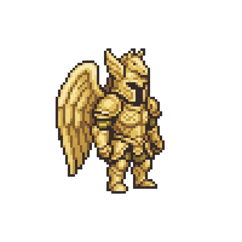 A Giant Oversized Golden Pegasus Armor Suit with Oversized Wobbly Wings