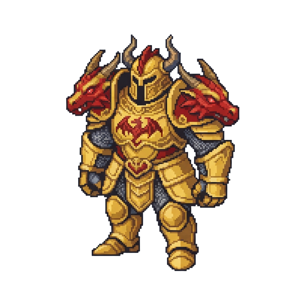 A Massive Heavy Golden Dragon Armor Suit with Huge Clanking Dragon Shoulders