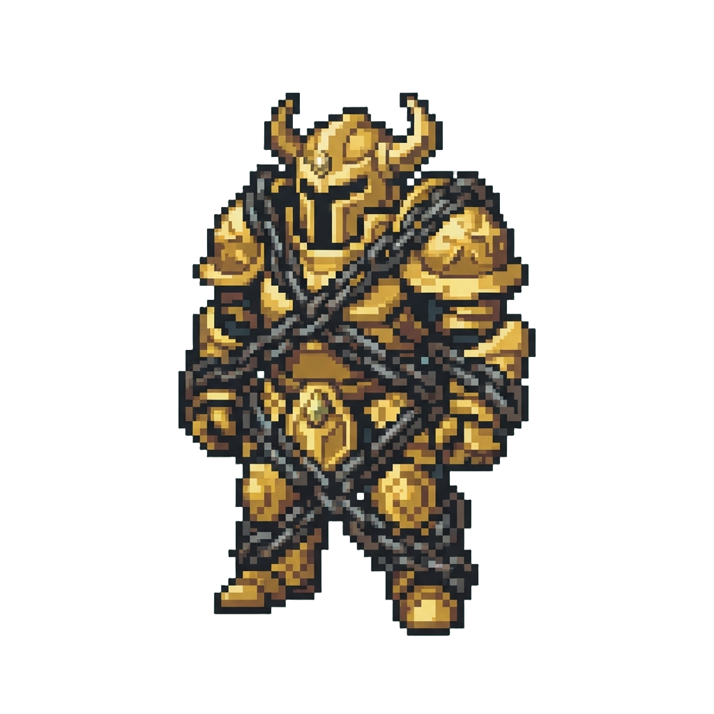 A Bulky Golden Andromeda Armor Suit Wrapped in Tangled Oversized Chains